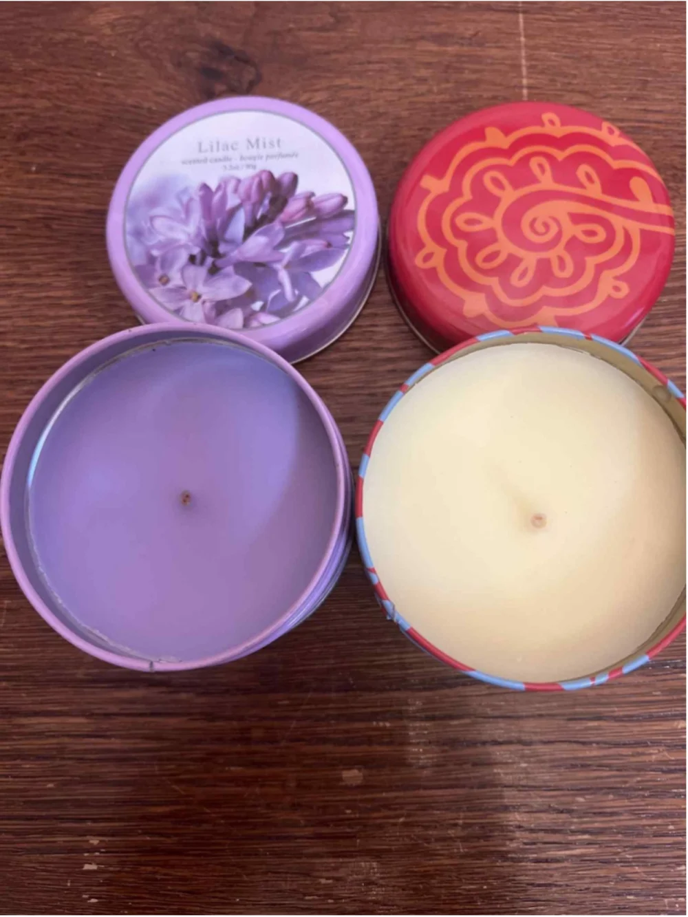 Set of 2 Scented Candles in Decorative Tins Lilac Mist & Vanilla 3.2 oz New
